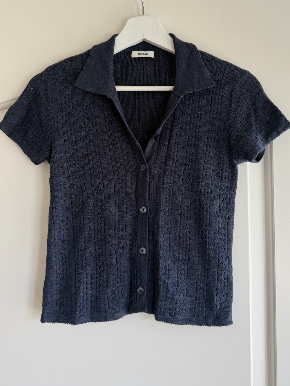 Buck Mason XS Coastal Linen Pointelle Polo Navy Blue
